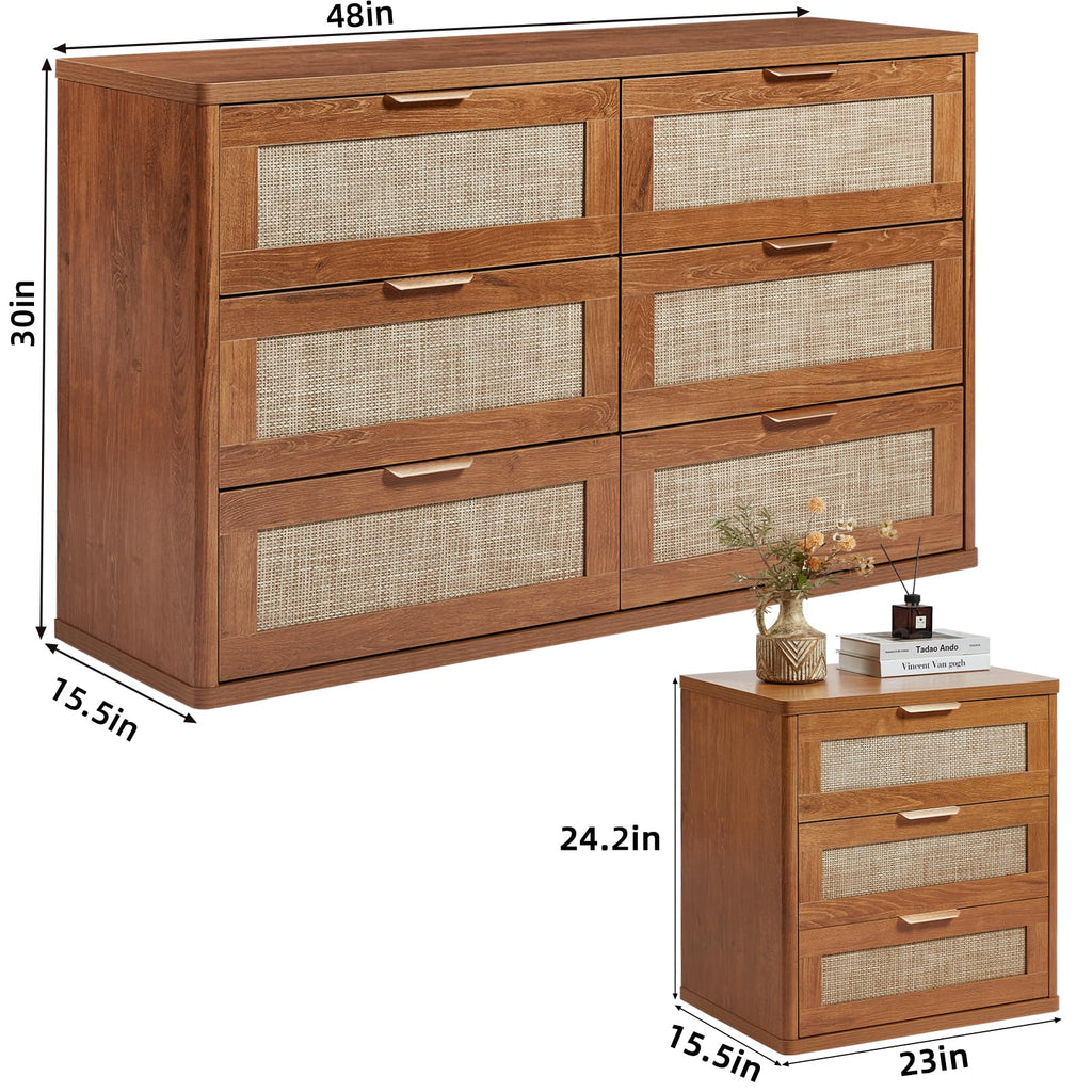 LEYAOYAO Rattan Dresser and Nightstand Sets 3 Piece, Natural