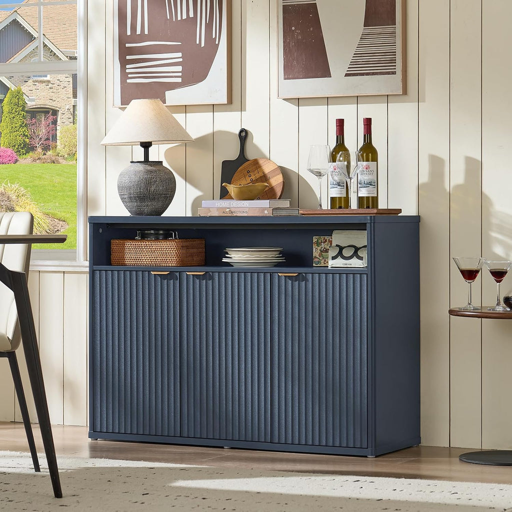 LEYAOYAO 45-Inch Fluted Buffet Cabinet with 3 Doors,Dark Blue