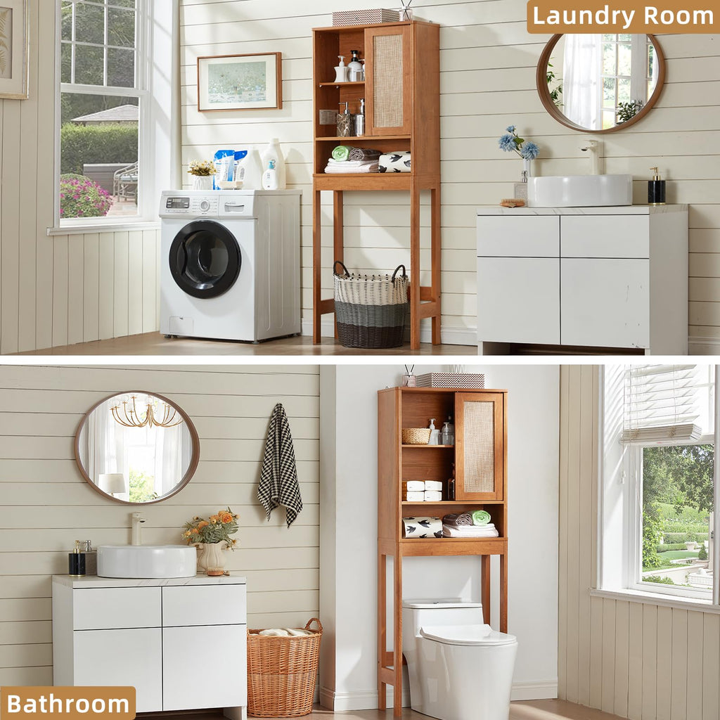 Lerliuo Rattan Bathroom Wall Cabinet, Boho Natural Medicine Cabinet with Adjustable Wood Shelf, 2 Doors Over The Toilet Storage Cabinets for Laundry Room, Kitchen, Living Room