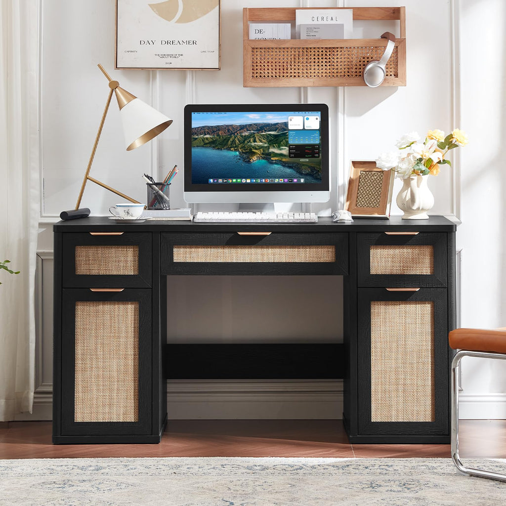 LEYAOYAO Office Desk 56" with 5 Drawers Storage File Cabinet, Natural