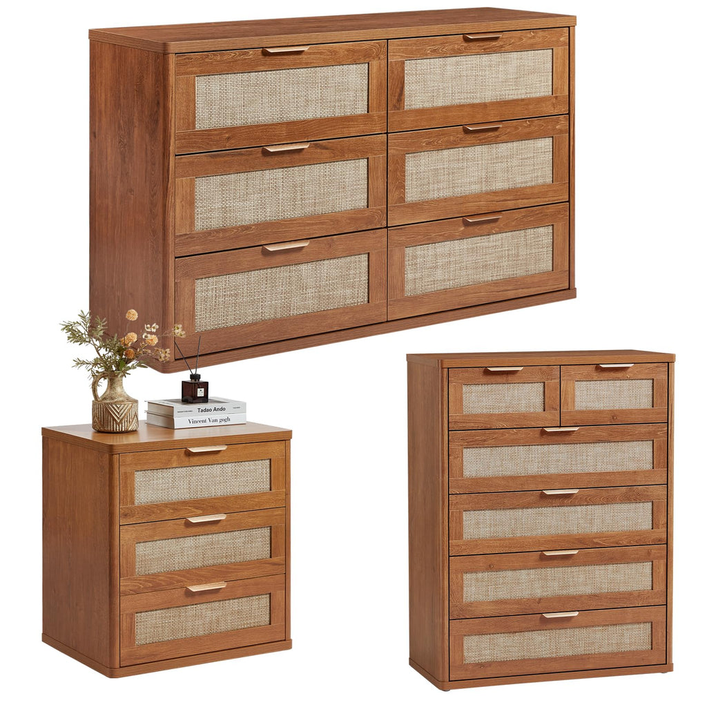 LEYAOYAO Rattan Dressers & Night Stand Set of 3, Boho Wood 48" Wide Dresser & 41"Tall Chest of Drawers, 23" with Charging Station Nightstand, Bedroom Furniture Dresser Set for Home Living Room Hallway