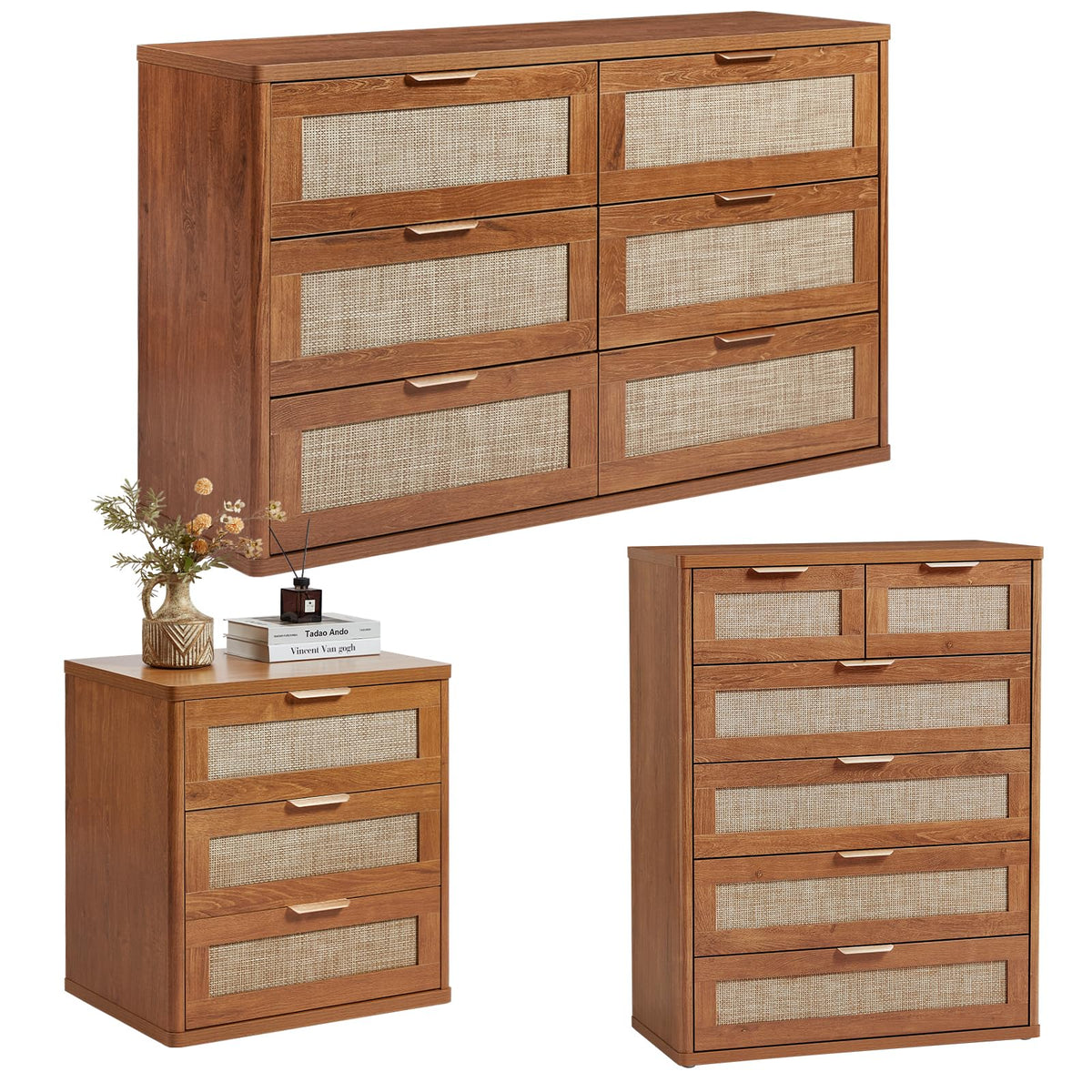LEYAOYAO Rattan Dressers & Night Stand Set of 3, Boho Wood 48" Wide Dresser & 41"Tall Chest of Drawers, 23" with Charging Station Nightstand, Bedroom Furniture Dresser Set for Home Living Room Hallway