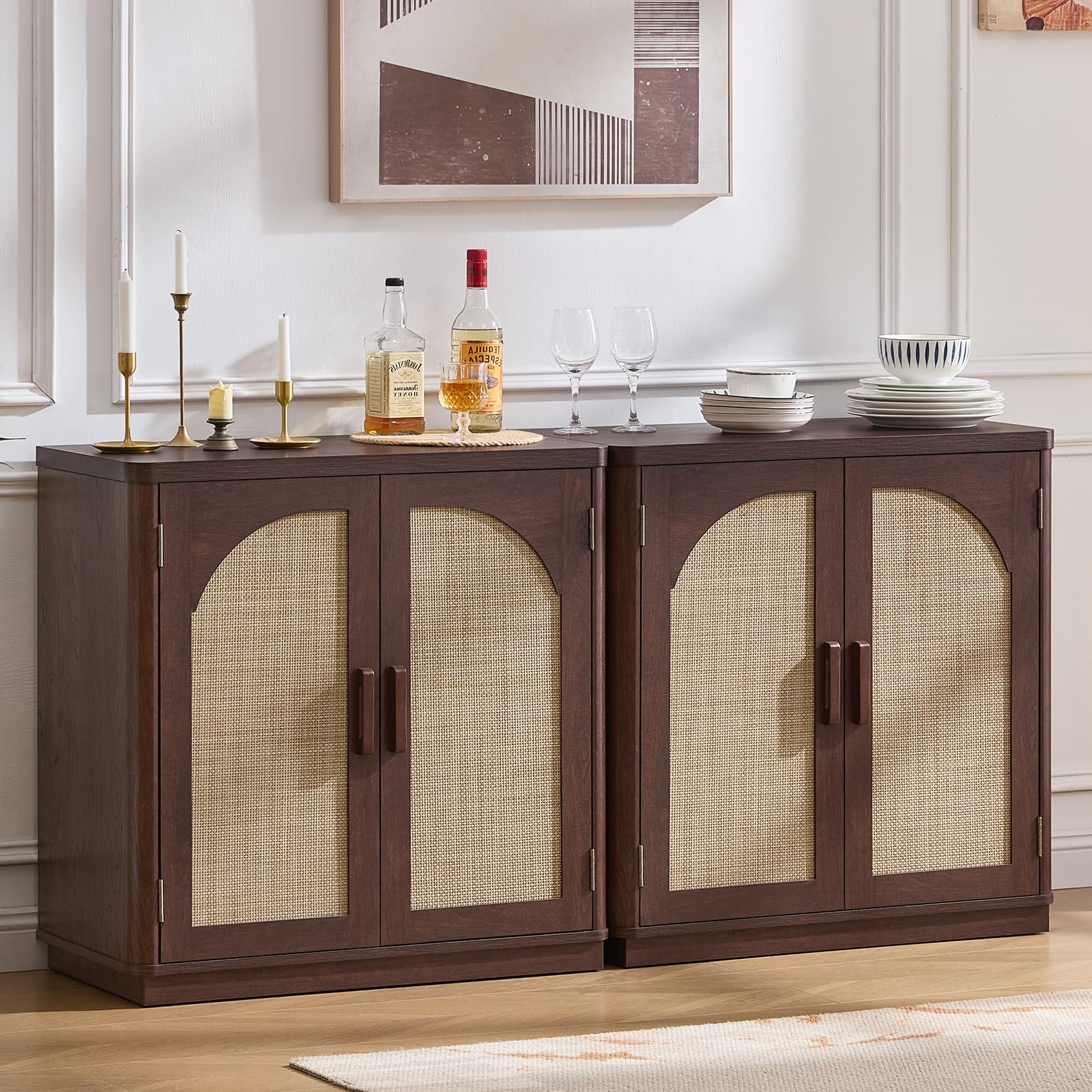 LEYAOYAO Rattan Sideboard Buffet Cabinet with Storage, 31.5" Coffee Bar Cabinet with Arch Doors & Adjustable Shelves, Wood Credenza, Boho Accent Cabinet for Kitchen, Living Room, Natural