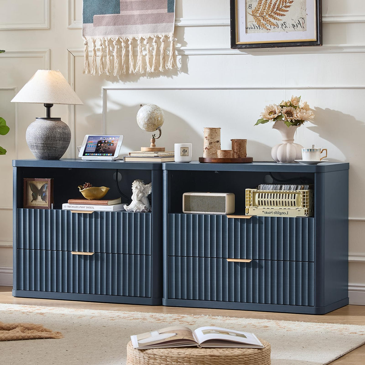 LEYAOYAO 31" Wide Fluted Nightstand with Charging Station, Oversized Extra Large 1 Drawer Night Stand with Golden Handle, Antique White Bedside Table Tall End Tables,for Bedroom, Living Room, Hallway
