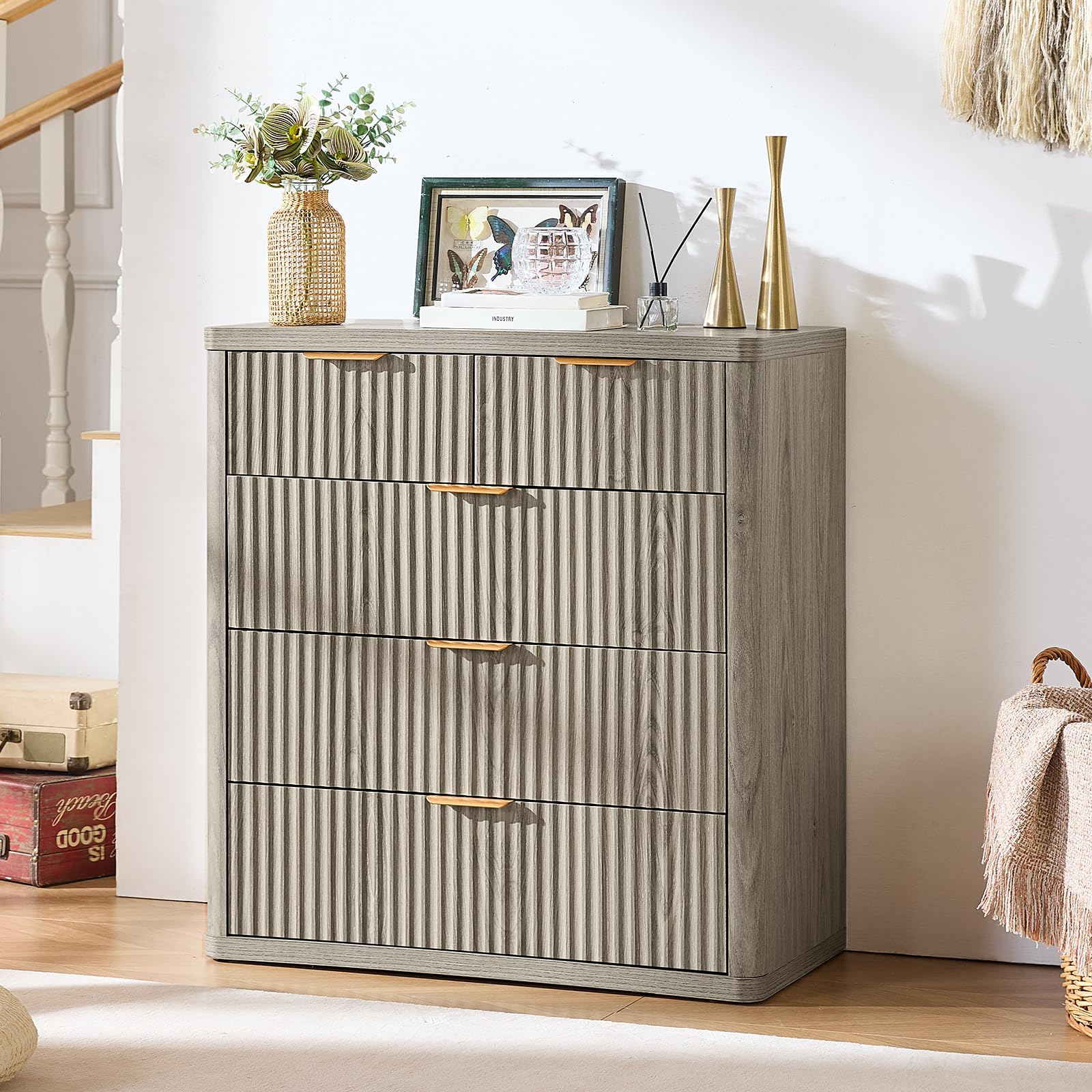 LEYAOYAO 23" Wide Fluted Night Stand with Charging Station, 3 Drawers Large End Table with Storage, LightGrey Nightstand Wood Bedside Tables, Farmhouse Cabinet Dresser for Bedroom, Closet