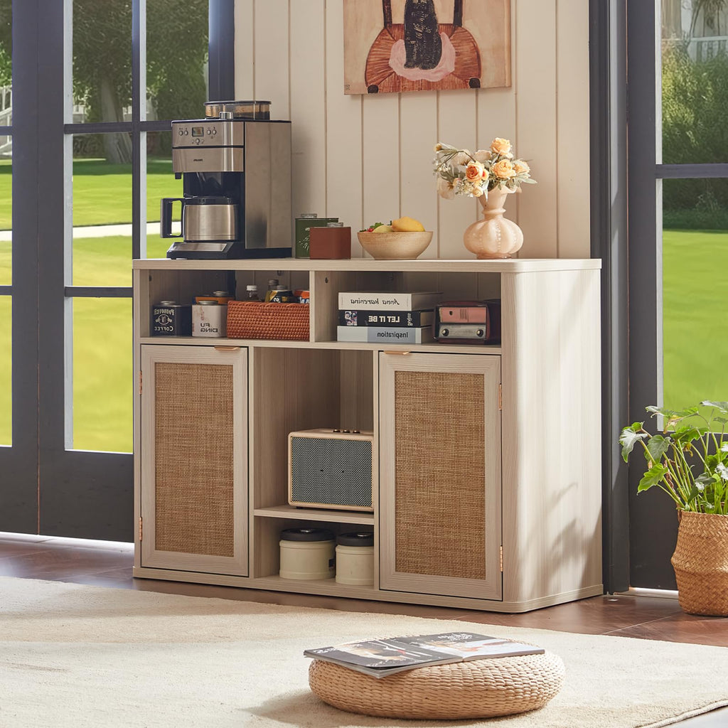 Lerliuo Rattan Wine Bar Cabinet with 2 Doors, Walnut