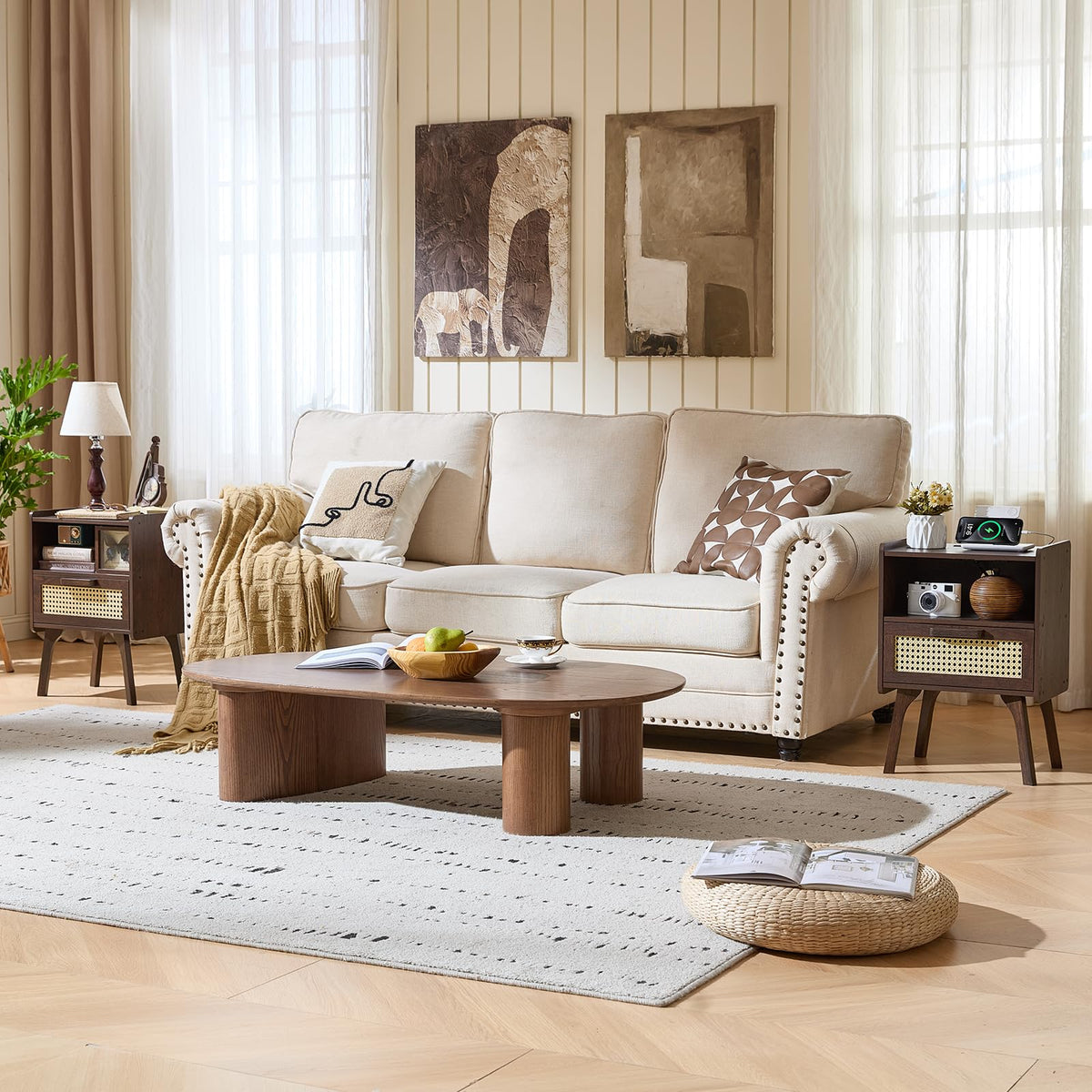 Lerliuo Rattan Nightstand with Charging Station, Boho Night Stand