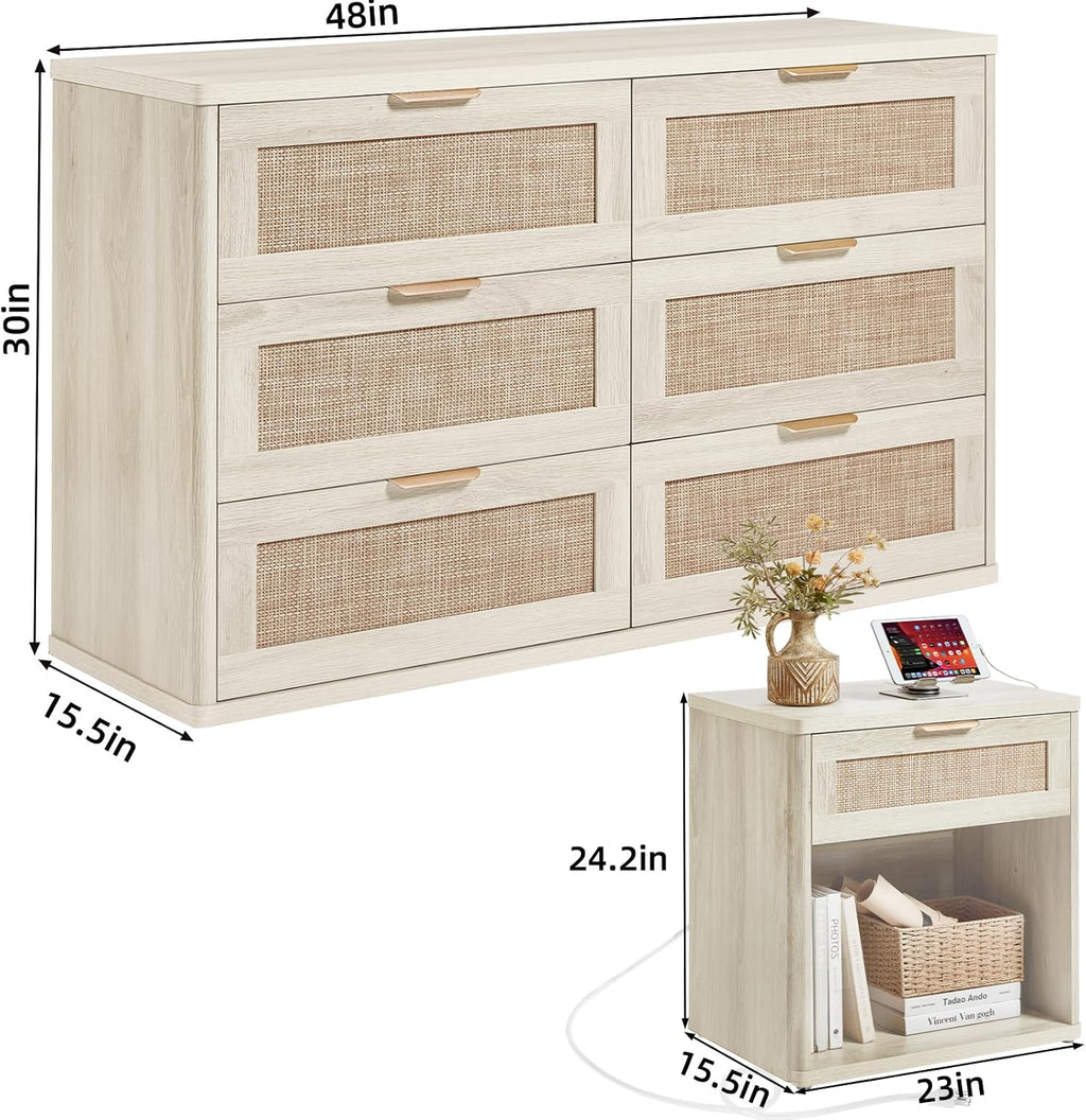 LEYAOYAO Rattan Dresser and Nightstand Set of 2, Boho Wood Dresser for Bedroom with 6 Drawers and Night Stand with Charging Station, Bedroom Furniture, Dressers & Chests of Drawers,Living Room,Hallway