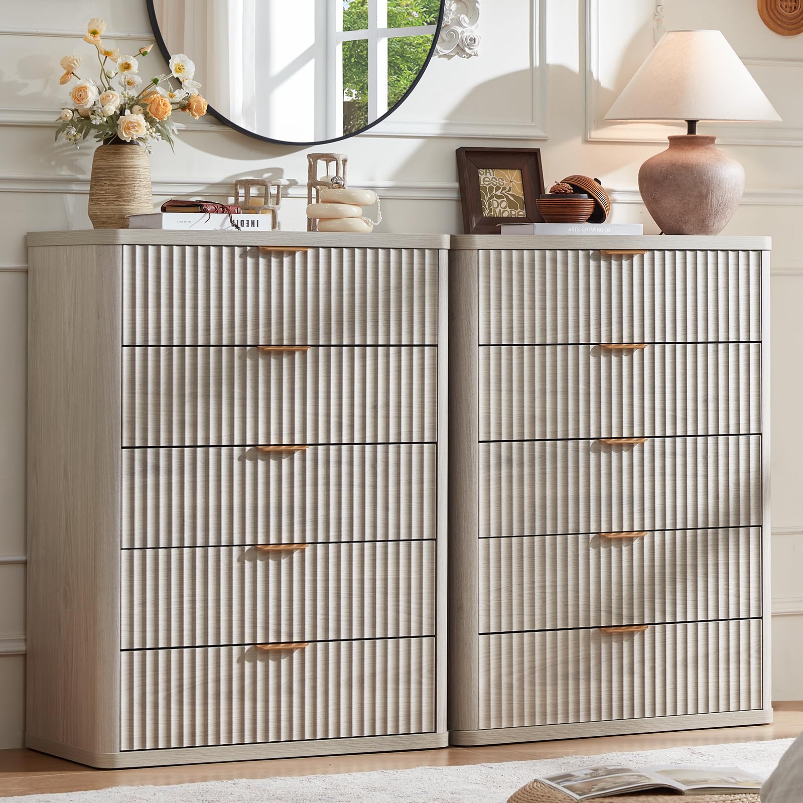 LEYAOYAO Fluted 5 Drawers Dresser for Bedroom, 41" Tall Modern Chest of Drawers with Metal Handle, Curved Profile Design,Natural Wood Drawer Organizer for Bedroom, Living Room, Hallway, Entryway