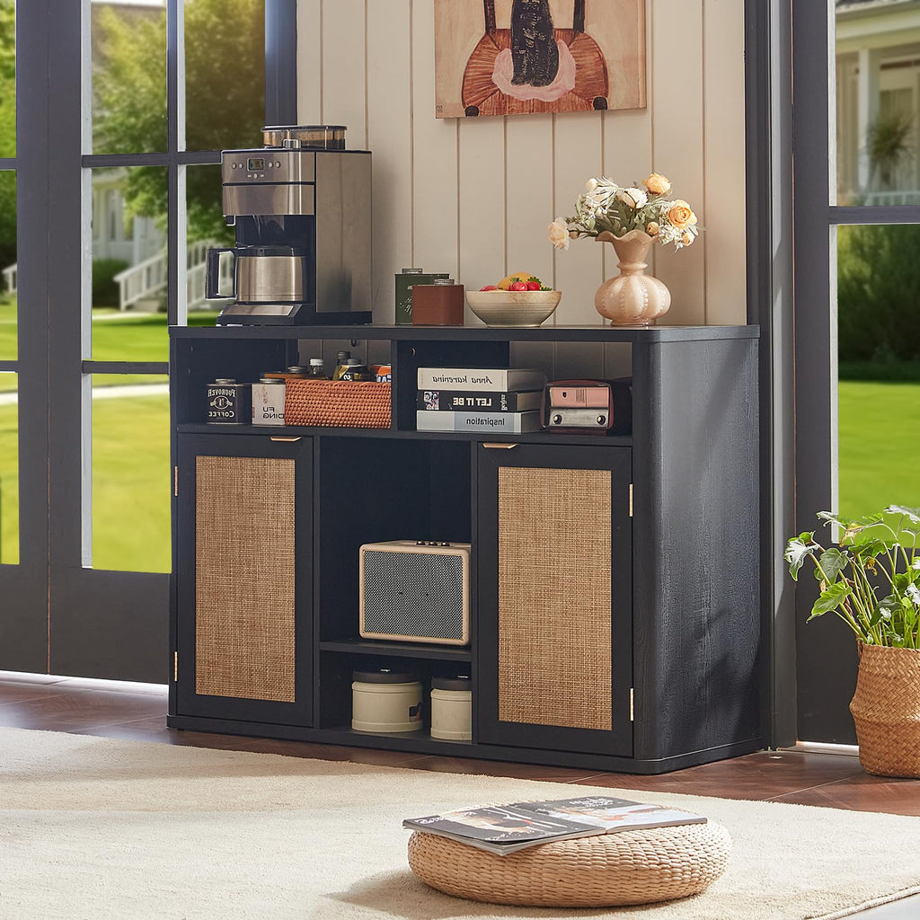 Lerliuo Rattan Wine Bar Cabinet with 2 Doors, Walnut
