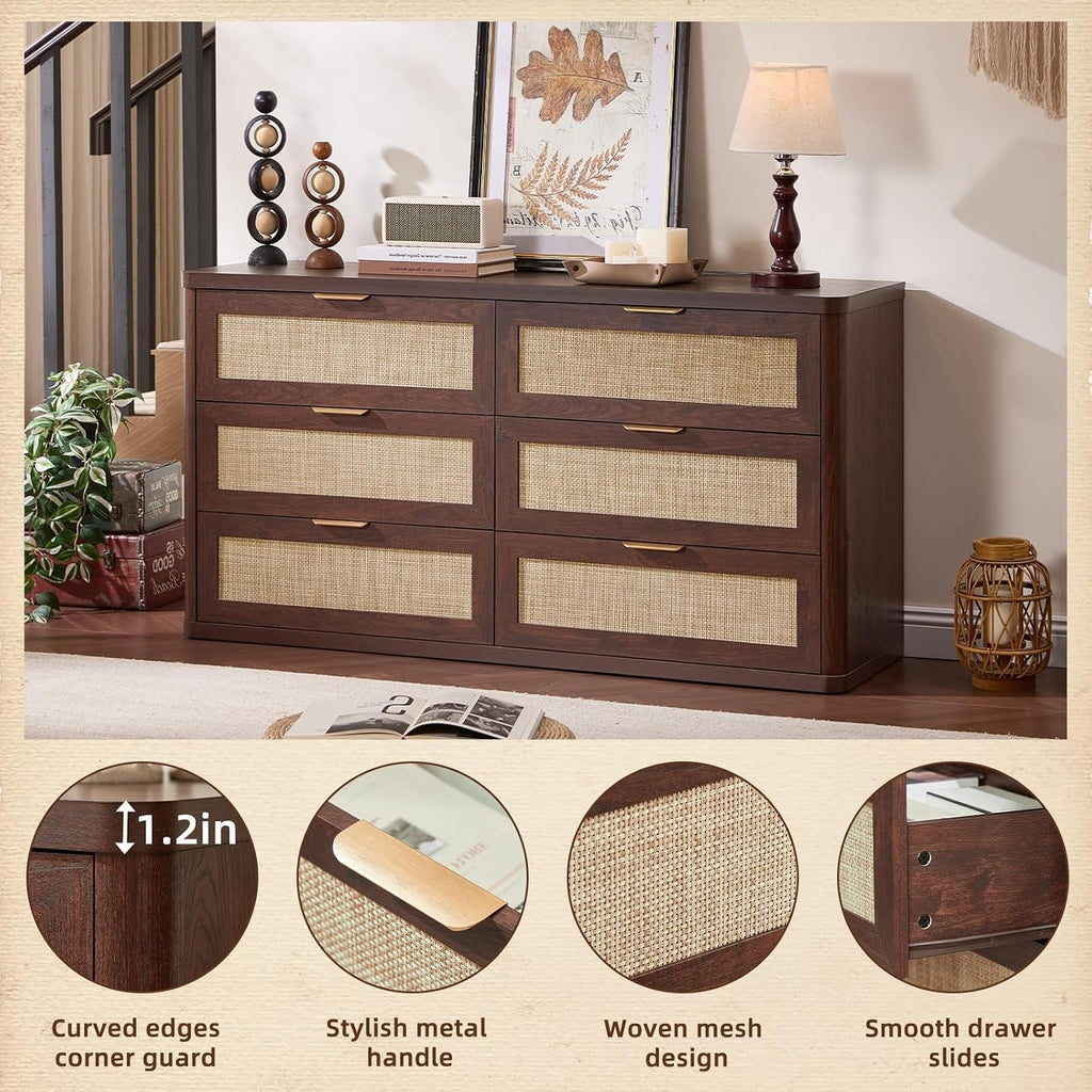 LEYAOYAO Rattan 54'' Wide Dresser for Bedroom, Walnut