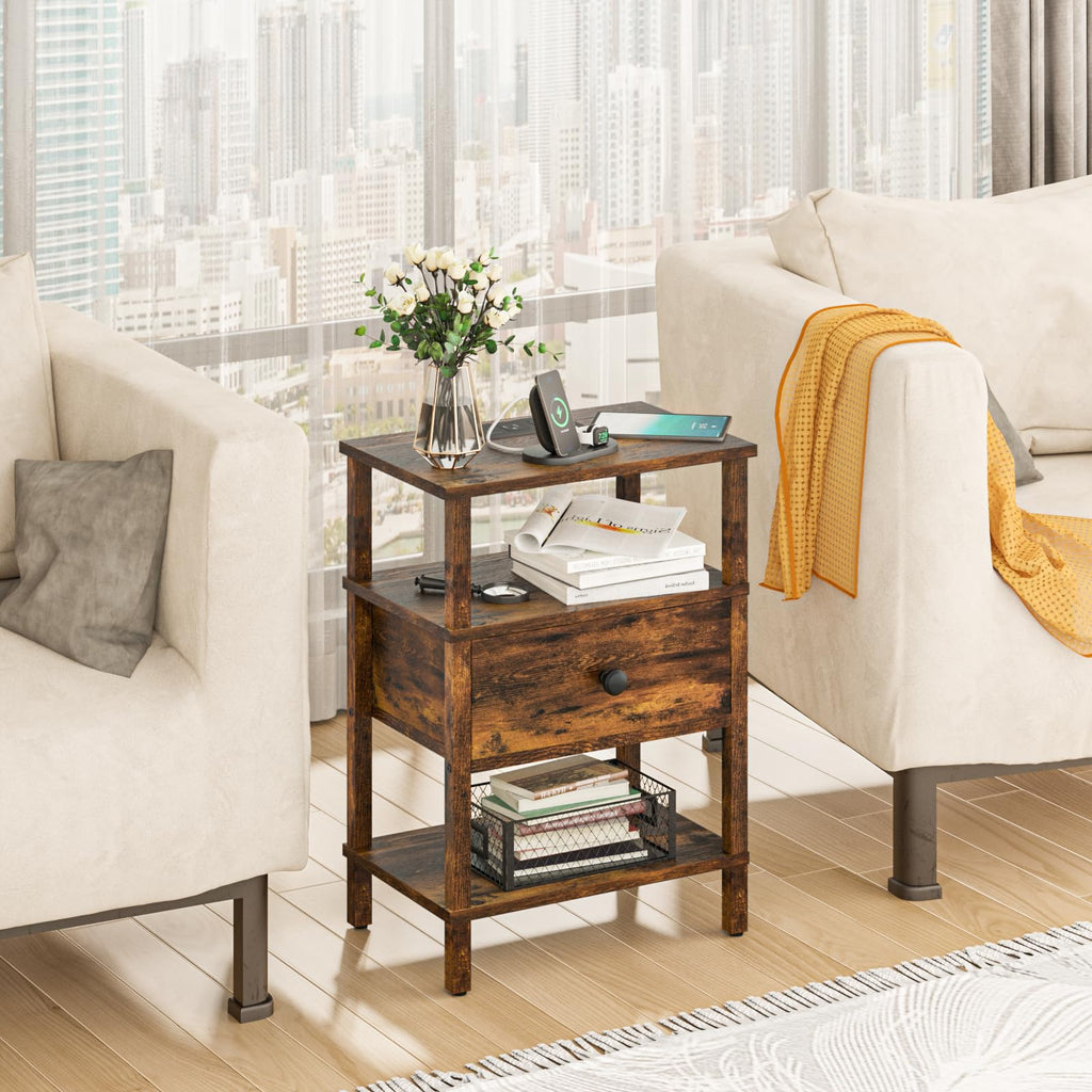 Lerliuo Nightstand Set 2 with Charger, 3 Tier Storage End Table