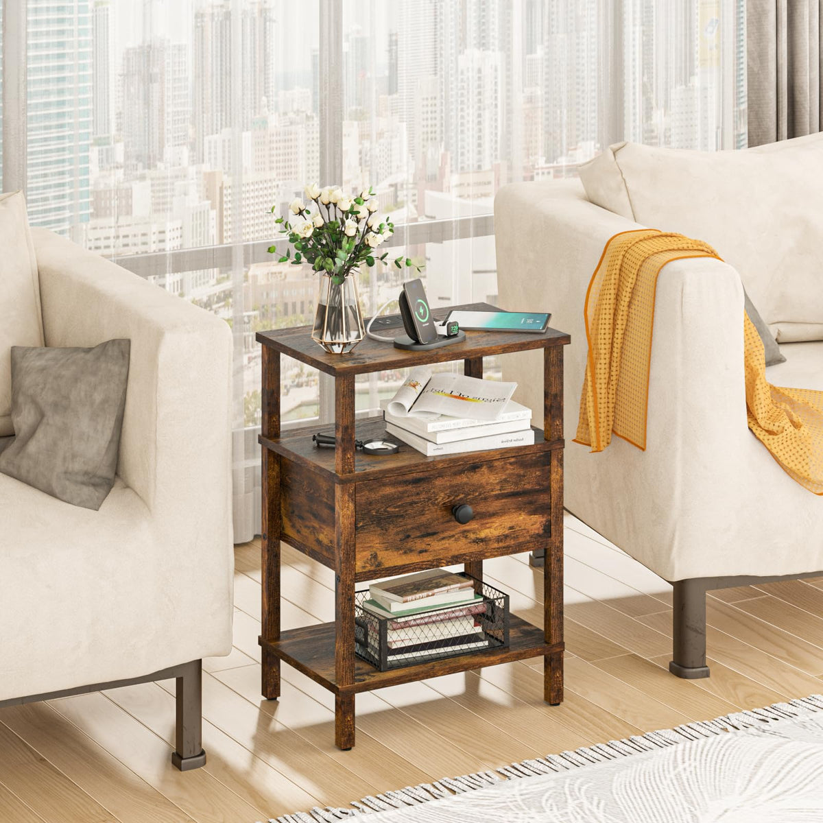 Lerliuo Nightstand Set 2 with Charger, 3 Tier Storage End Table