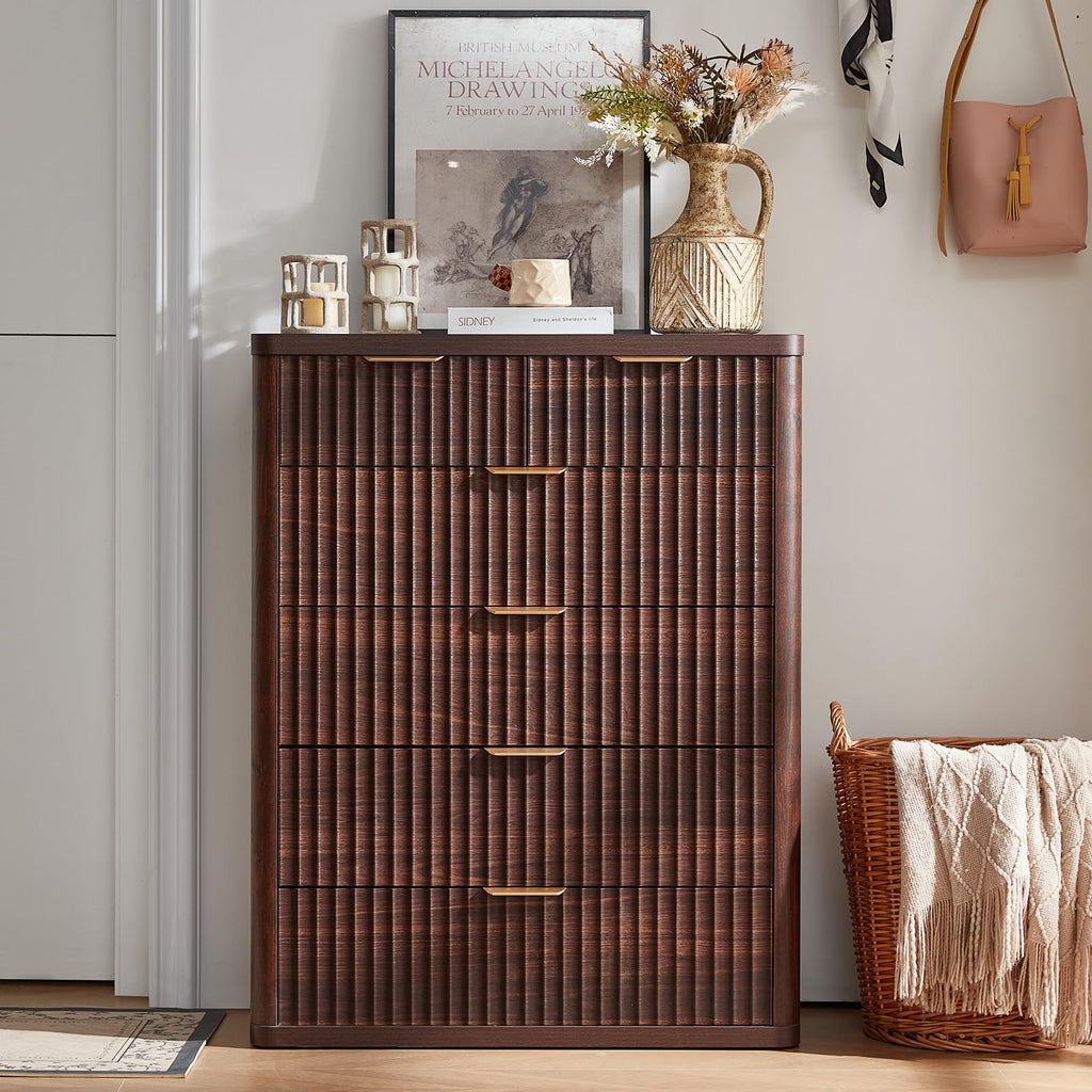 LEYAOYAO Fluted 6 Drawers Dresser for Bedroom Set of 2, 42" Tall Modern Chest of Drawer with Metal Handle, Curved Profile Design,Brown Wood Drawer Organizer for Bedroom, Living Room, Hallway