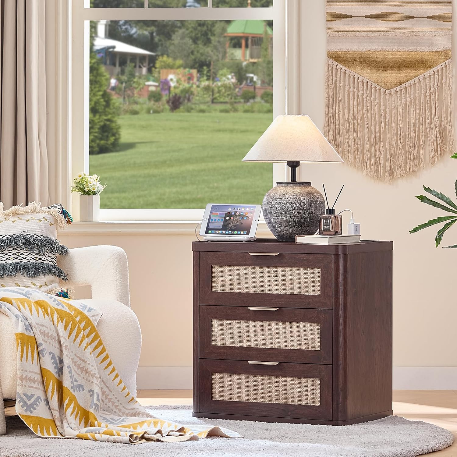 LEYAOYAO Rattan 23" Nightstands with Charger Station 2 Drawers