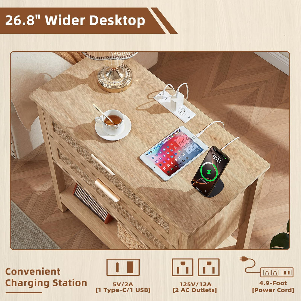 LEYAOYAO 26.8" Wide Rattan Nightstands Set of 2, Large Boho Night Stand