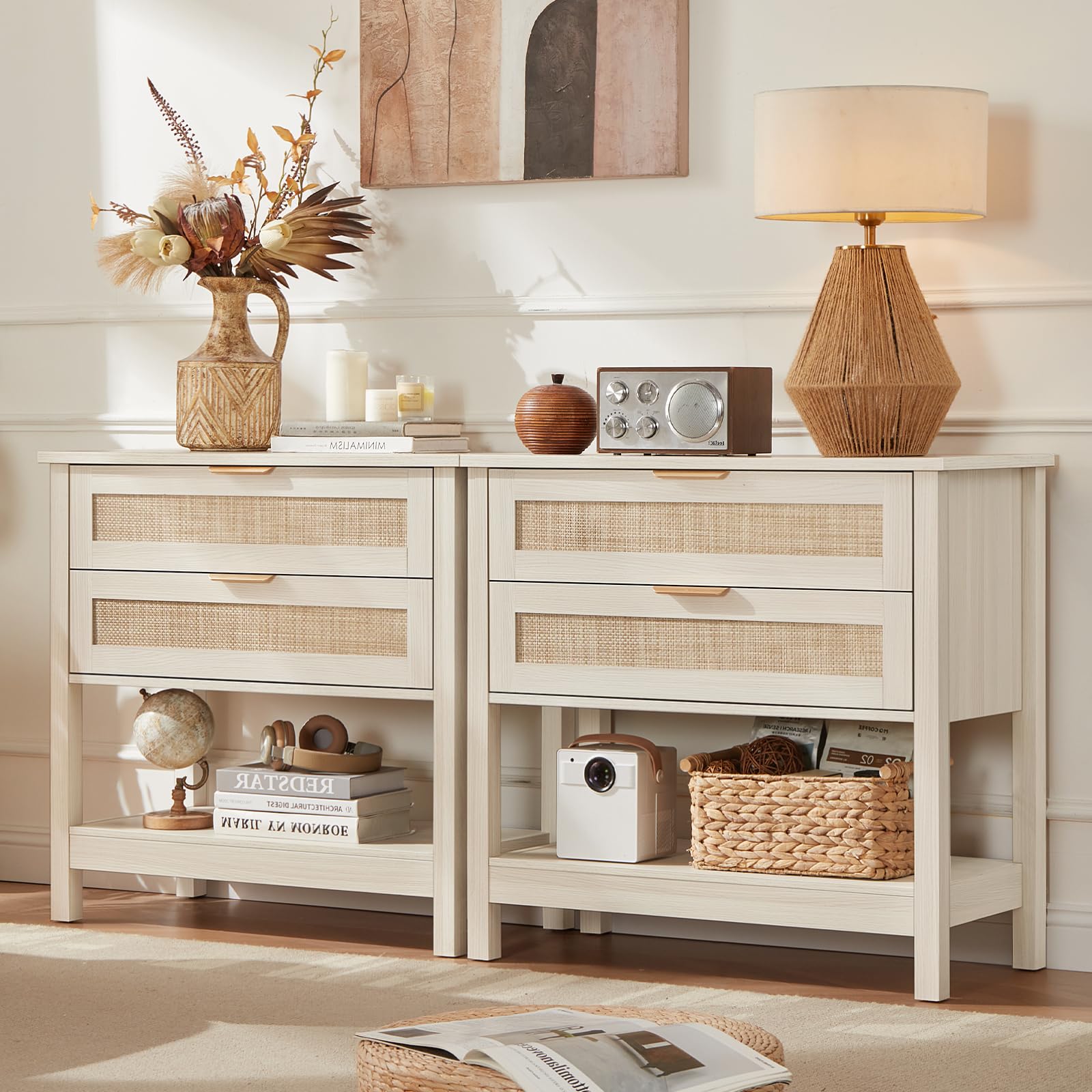 Lerliuo 31.5" Wide Rattan Nightstand,Oversized Large Boho Night Stand with 2 Drawers, 30" Tall Grey White Bedside Table with Storage Shelf, Bed Side End Tables for Bedroom, Living Room, Hallway