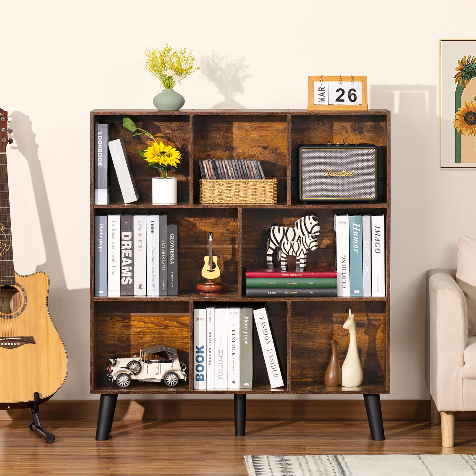 LEYAOYAO Cube Bookshelf, Mid-Century Modern Book Shelf with Legs, Brown