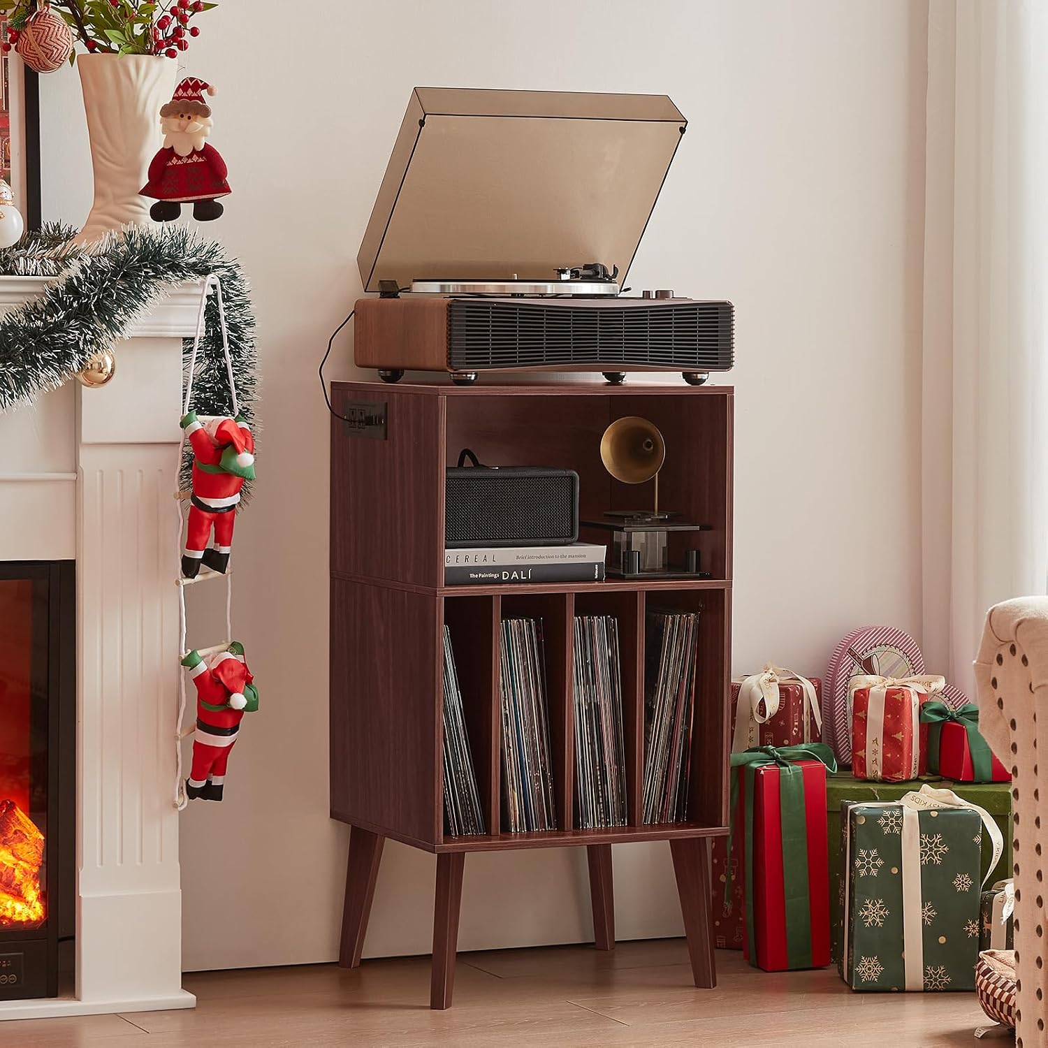Lerliuo Record Player Stand, Walnut Turntable Stand Holds up to 160 Albums
