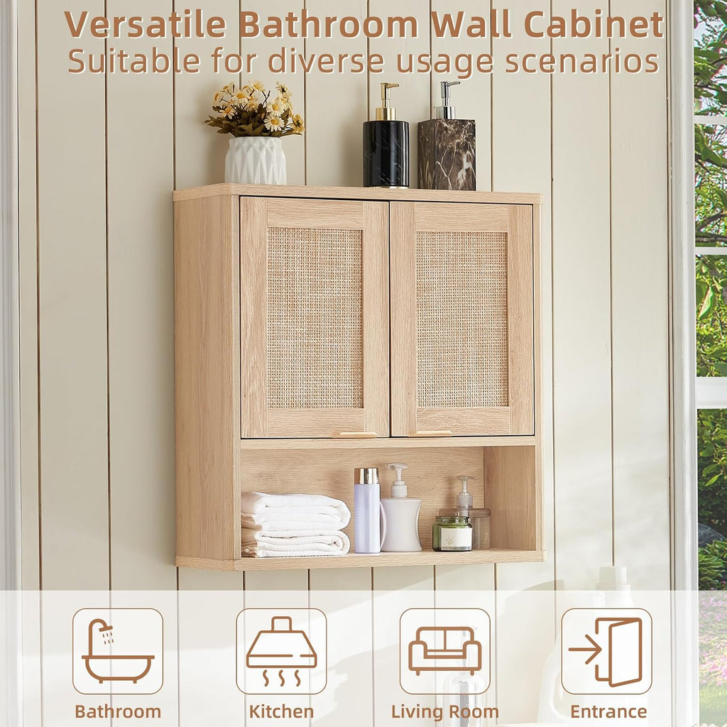 Lerliuo Rattan Bathroom Wall Cabinet, Boho Natural Medicine Cabinet with Adjustable Wood Shelf, 2 Doors Over The Toilet Storage Cabinets for Laundry Room, Kitchen, Living Room