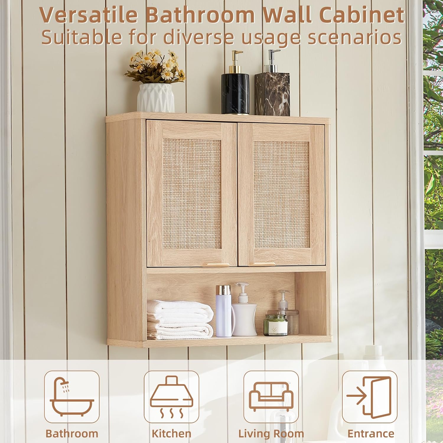 Lerliuo Rattan Bathroom Wall Cabinet, Boho Natural Medicine Cabinet with Adjustable Wood Shelf, 2 Doors Over The Toilet Storage Cabinets for Laundry Room, Kitchen, Living Room
