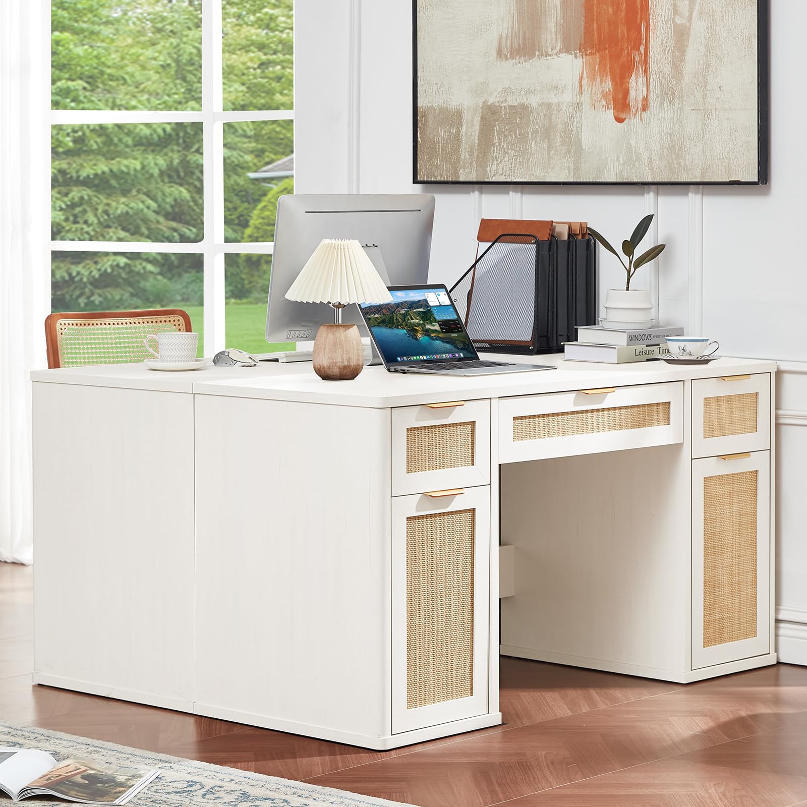 LEYAOYAO Office Desk 56" with 5 Drawers Storage File Cabinet, Natural