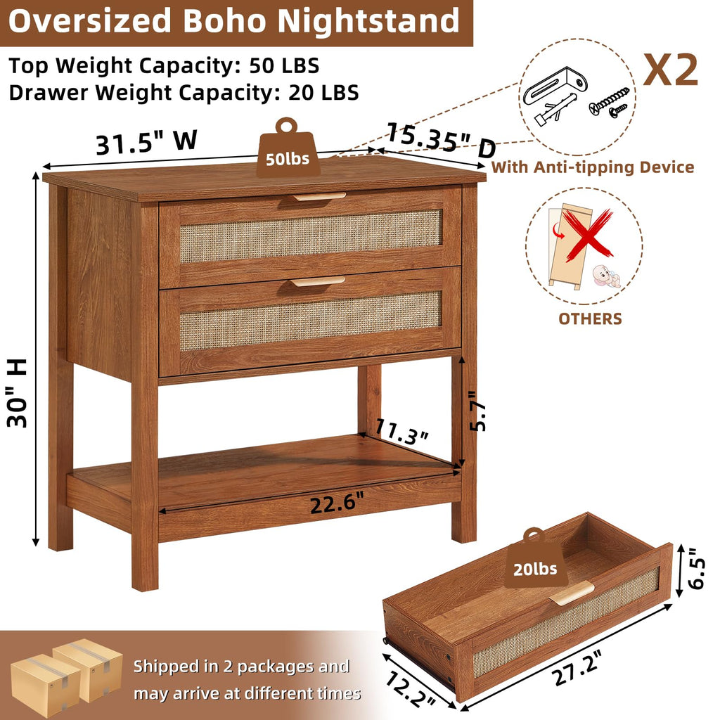 LEYAOYAO 26.8" Wide Rattan Nightstands Set of 2, Large Boho Night Stand