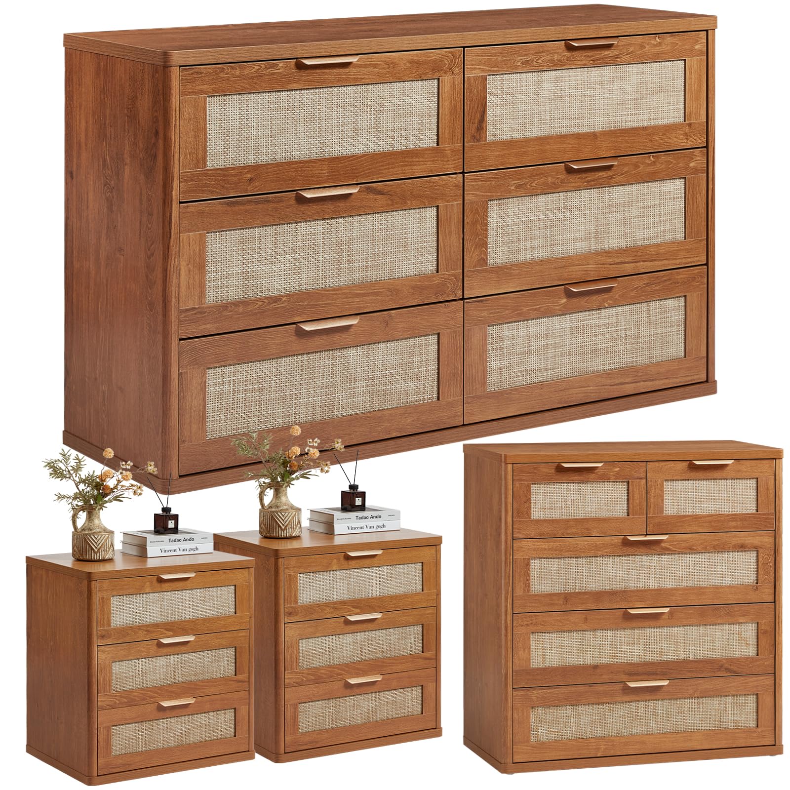 LEYAOYAO Rattan Dresser and Nightstand Sets 4 Piece, Boho Wood Dresser for Bedroom with 6 Drawers and Night Stand with Charging Station, Bedroom Furniture, Dressers & Chests of Drawers, Hallway