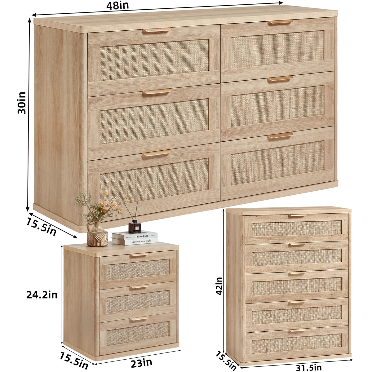 LEYAOYAO Rattan Dresser and Nightstand Sets 4 Piece, Grey White