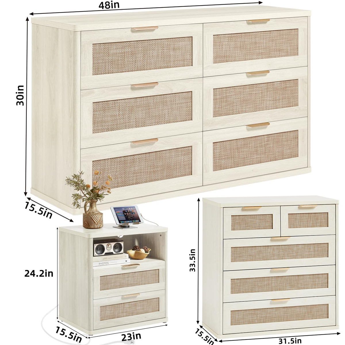 LEYAOYAO Rattan Dresser and Nightstand Sets 4 Piece, Boho Wood Dresser for Bedroom with 6 Drawers and Night Stand with Charging Station, Bedroom Furniture, Dressers & Chests of Drawers, Hallway