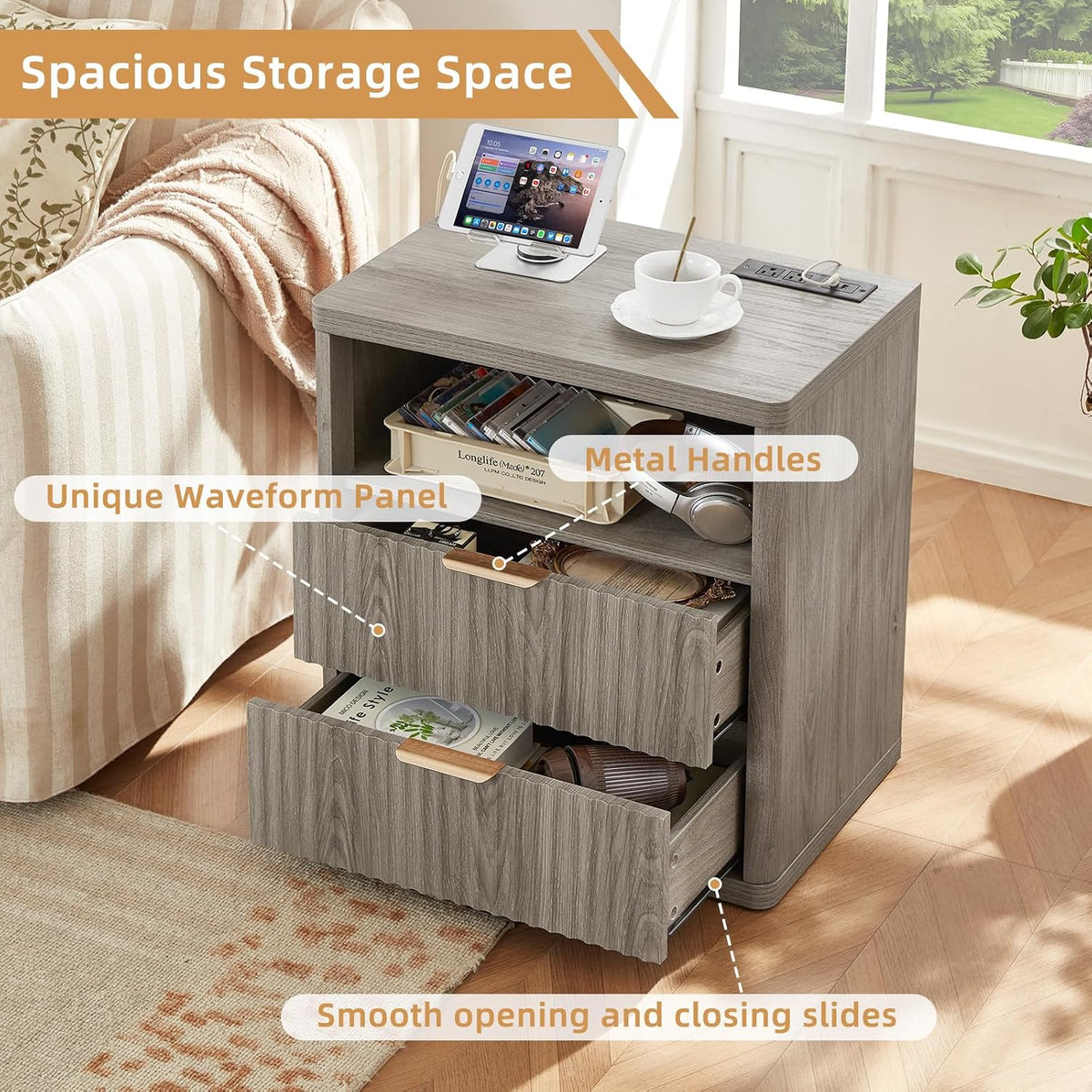 LEYAOYAO 23" Wide Fluted Night Stand with Charging Station, 2 Drawers Large End Table with Storage, LightGrey Nightstand Wood Bedside Tables, Farmhouse Cabinet Dresser for Bedroom, Closet