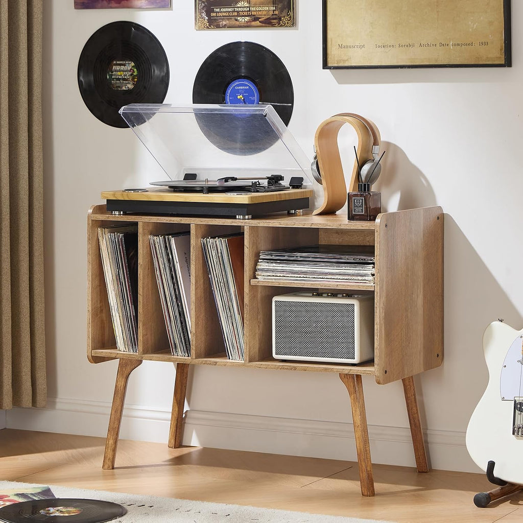 Lerliuo Record Player Stand with 4 Cabinet Holds Up to 220 Albums,Oak