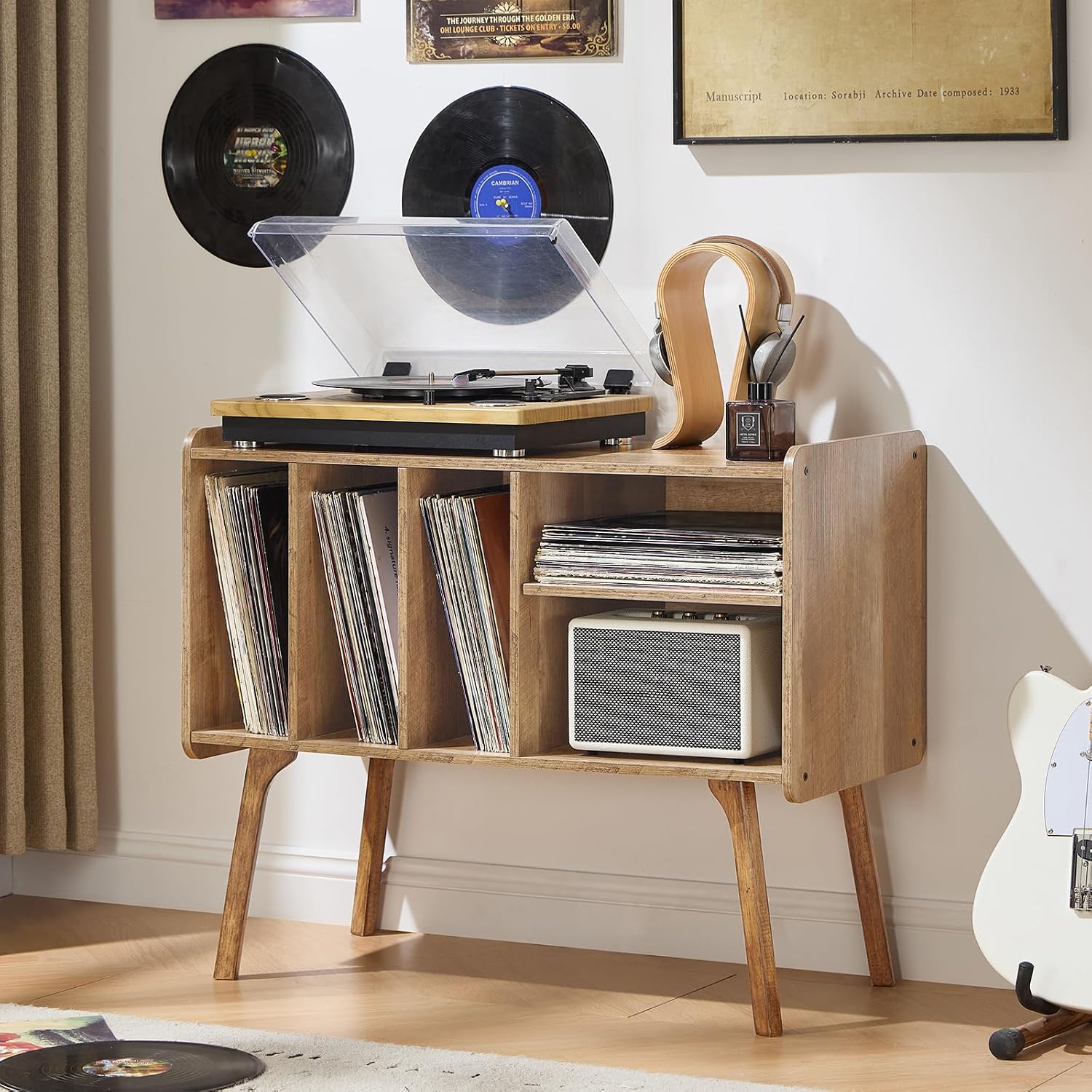 Lerliuo Record Player Stand with 4 Cabinet Holds Up to 220 Albums,Oak