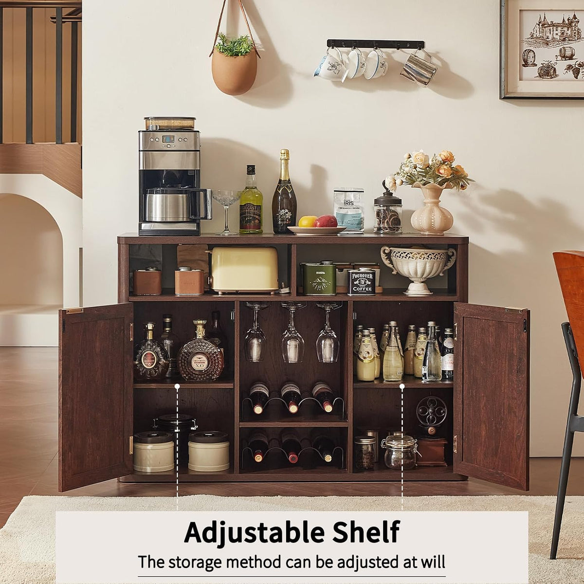 Lerliuo Rattan Wine Bar Cabinet with 2 Doors, Walnut