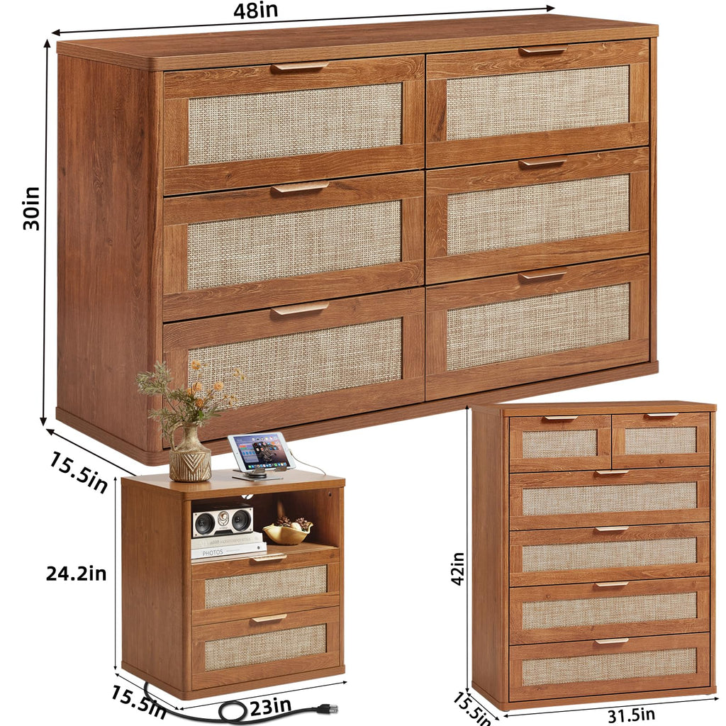 LEYAOYAO Rattan Dressers & Night Stand Set of 3, Boho Wood 48" Wide Dresser & 41"Tall Chest of Drawers, 23" with Charging Station Nightstand, Bedroom Furniture Dresser Set for Home Living Room Hallway