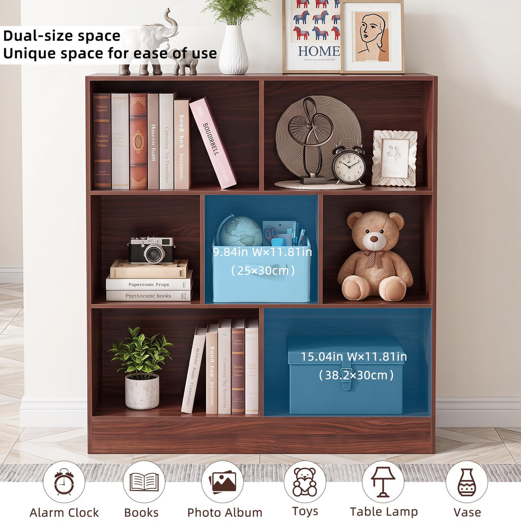 LEYAOYAO 7 Cube Bookshelf with Base,3 Tier Mid-Century Modern Blue Bookcase,Standing Wide Bookshelves Storage Organizer Shelf,Rustic Wood Display Cabinet Book Shelves for Bedroom,Living Room,Office