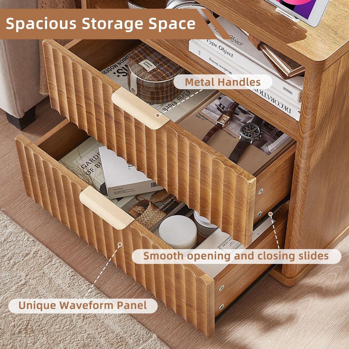 LEYAOYAO Fluted Dressers & Nightstand Set of 4, Wood 48" Wide Dresser & 42" Tall Chest of Drawers,Modern Bedroom Furniture Sets, Black Wooden Nightstand Set of 2 with 2 Drawers & Charging Station