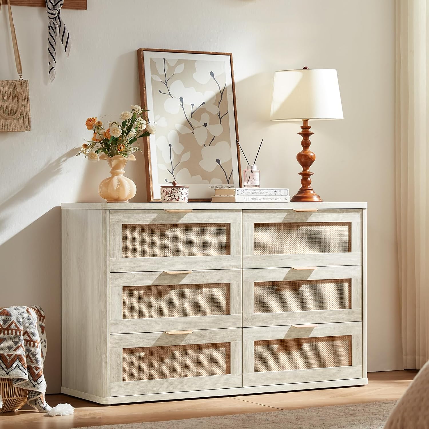 LEYAOYAO Rattan Bedroom Dresser Set of 2, Boho Wood 48" Wide 6 Drawers Dresser for Bedroom and 31.5" Tall 5 Drawers Dressers, Bedrooms Furniture, Dressers & Chests of Drawers, Living Room, Hallway