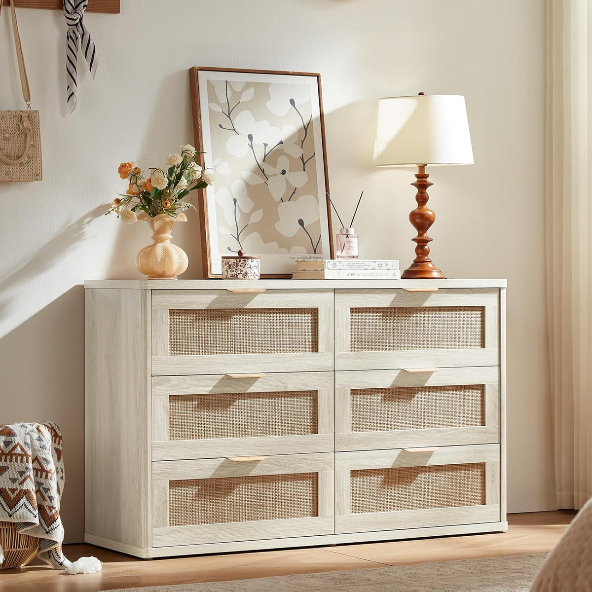 LEYAOYAO Rattan Dresser and Nightstand Sets 4 Piece, Boho Wood Dresser for Bedroom with 6 Drawers and Night Stand with Charging Station, Bedroom Furniture, Dressers & Chests of Drawers, Hallway