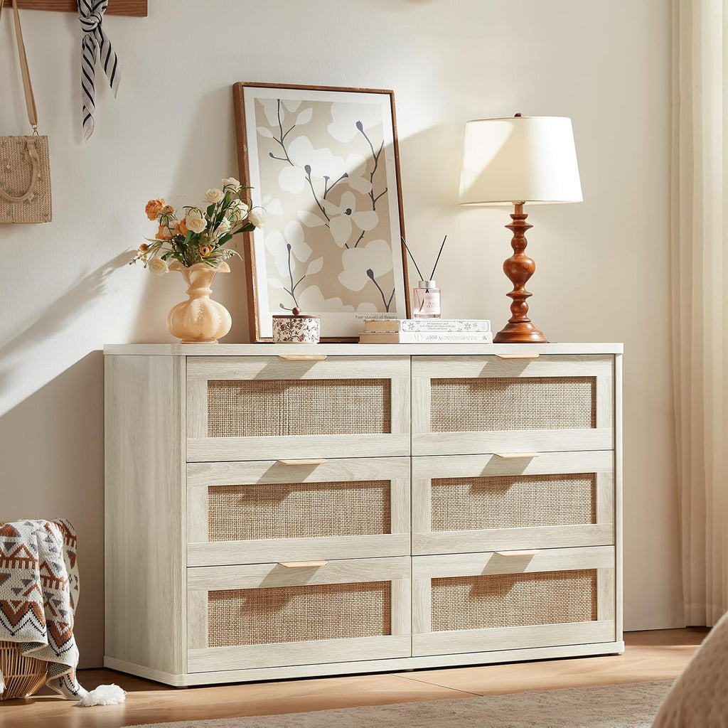 LEYAOYAO Rattan Dresser and Nightstand Set of 2, Boho Wood Dresser for Bedroom with 6 Drawers and Night Stand with Charging Station, Bedroom Furniture, Dressers & Chests of Drawers,Living Room,Hallway
