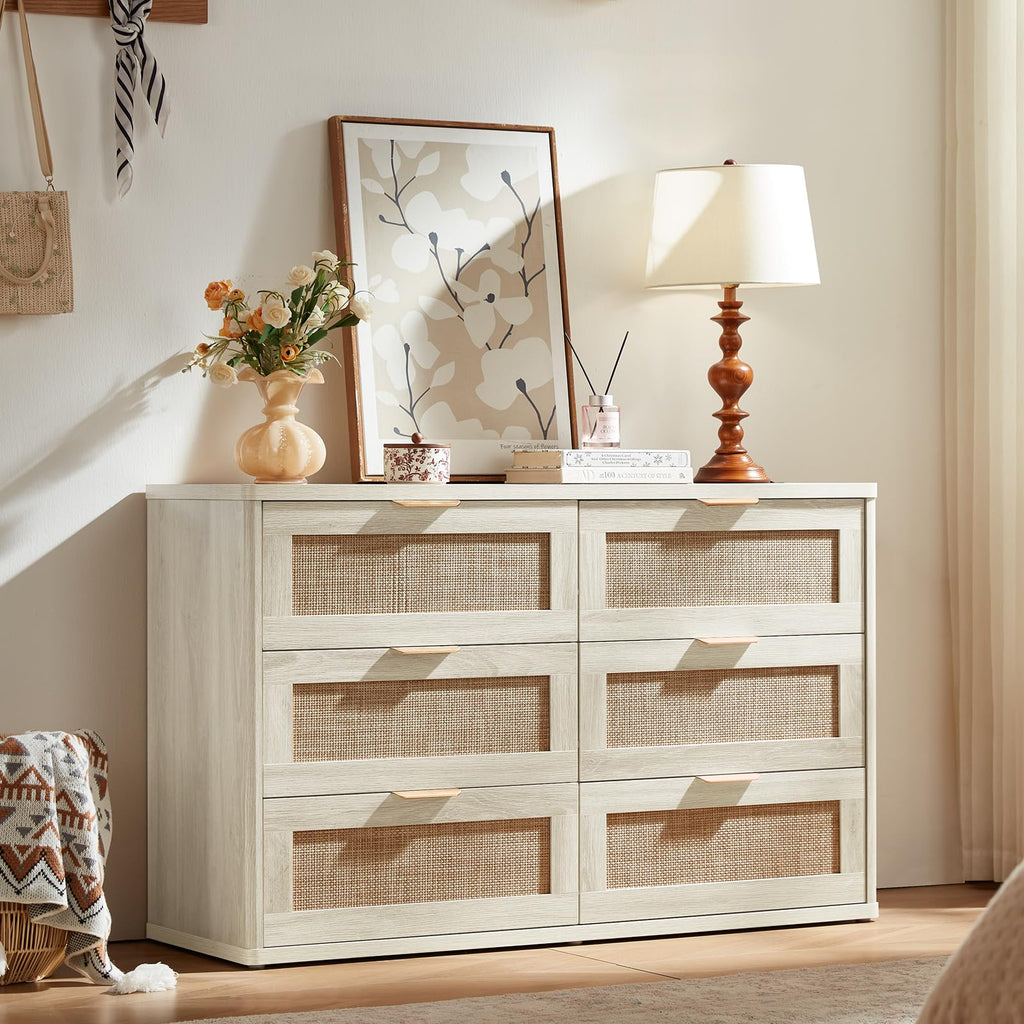 LEYAOYAO Rattan Dresser and Nightstand Sets 4 Piece, Grey White