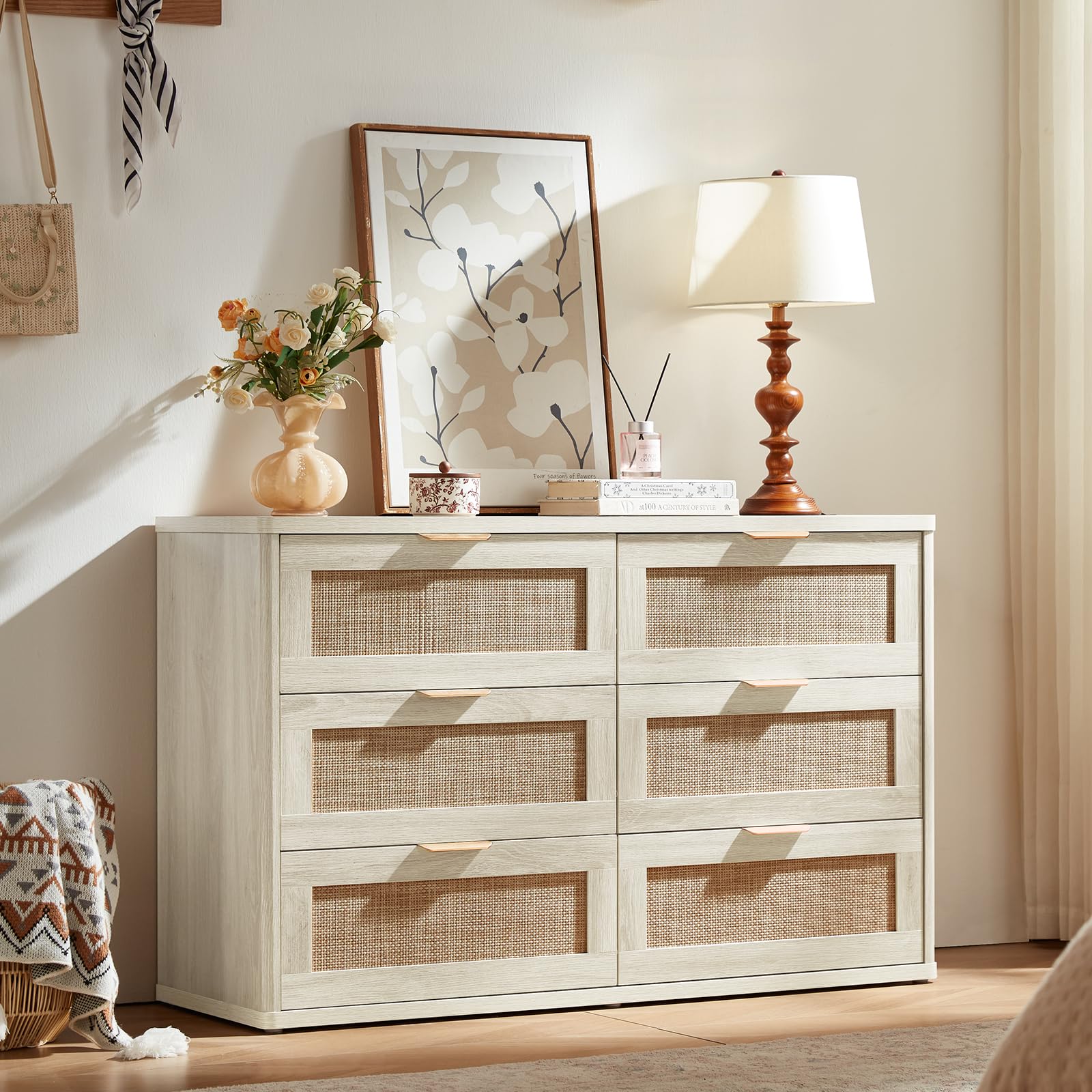 LEYAOYAO Rattan Dresser and Nightstand Sets 4 Piece, Grey White