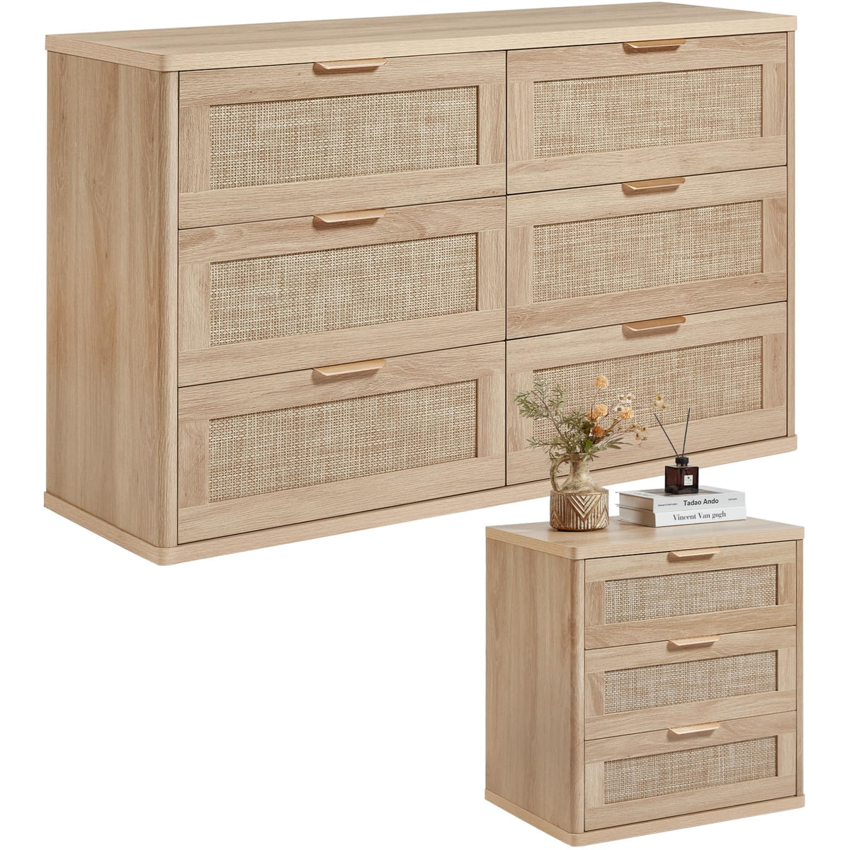 LEYAOYAO Rattan Dresser and Nightstand Sets 3 Piece, Natural