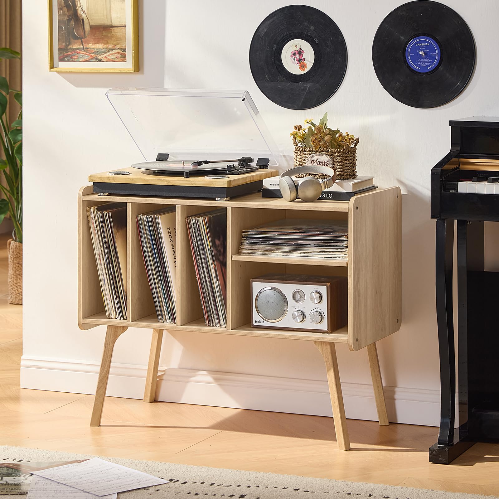Lerliuo Record Player Stand with 4 Cabinet Holds Up to 220 Albums,Oak