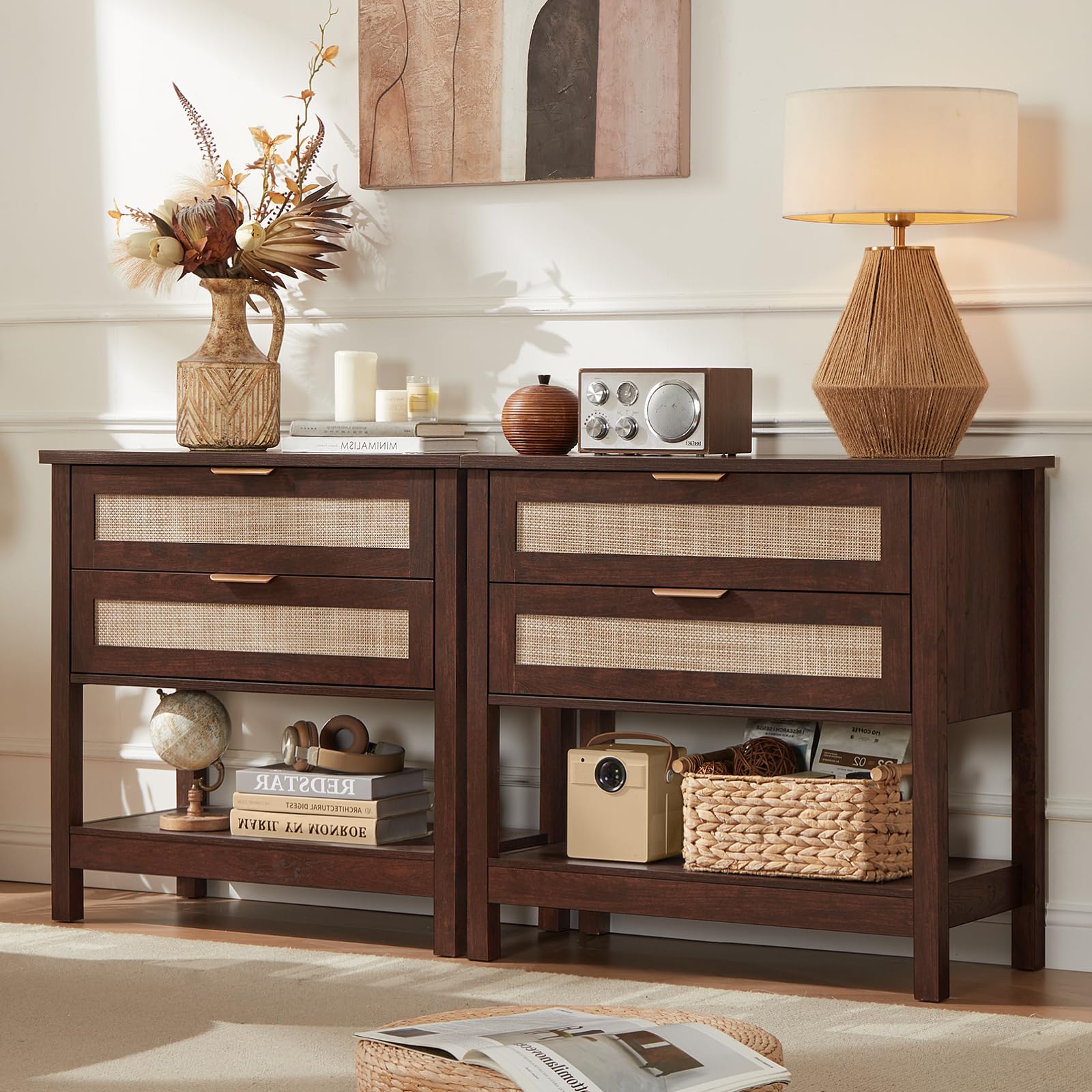 Lerliuo 31.5" Wide Rattan Nightstand,Oversized Large Boho Night Stand with 2 Drawers, 30" Tall Grey White Bedside Table with Storage Shelf, Bed Side End Tables for Bedroom, Living Room, Hallway