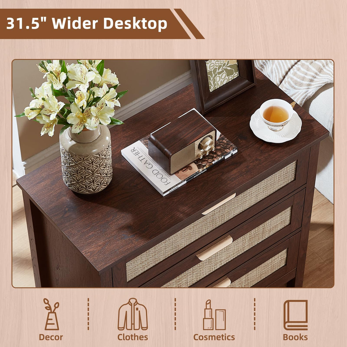 LEYAOYAO 26.8" Wide Rattan Nightstands Set of 2, Large Boho Night Stand