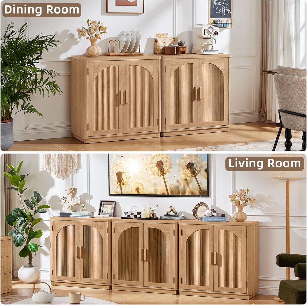 LEYAOYAO Fluted Buffet Cabinet with Storage, 31.5" Coffee Bar Cabinet with Arch Doors & Adjustable Shelves, Mid Century Modern Sideboard, Wood Credenza for Kitchen, Living Room, Natural