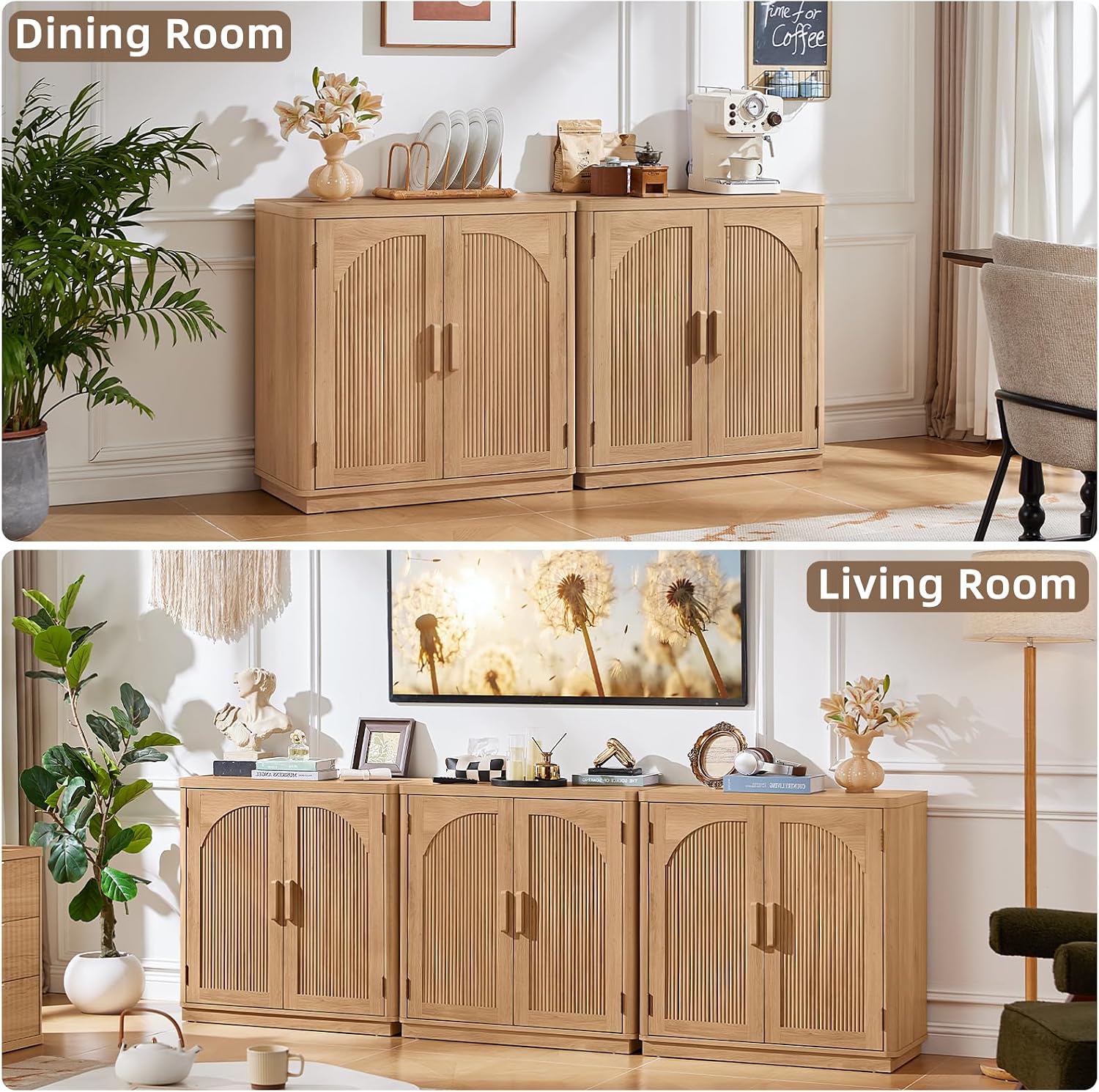 LEYAOYAO Fluted Buffet Cabinet with Storage, 31.5" Coffee Bar Cabinet with Arch Doors & Adjustable Shelves, Mid Century Modern Sideboard, Wood Credenza for Kitchen, Living Room, Natural