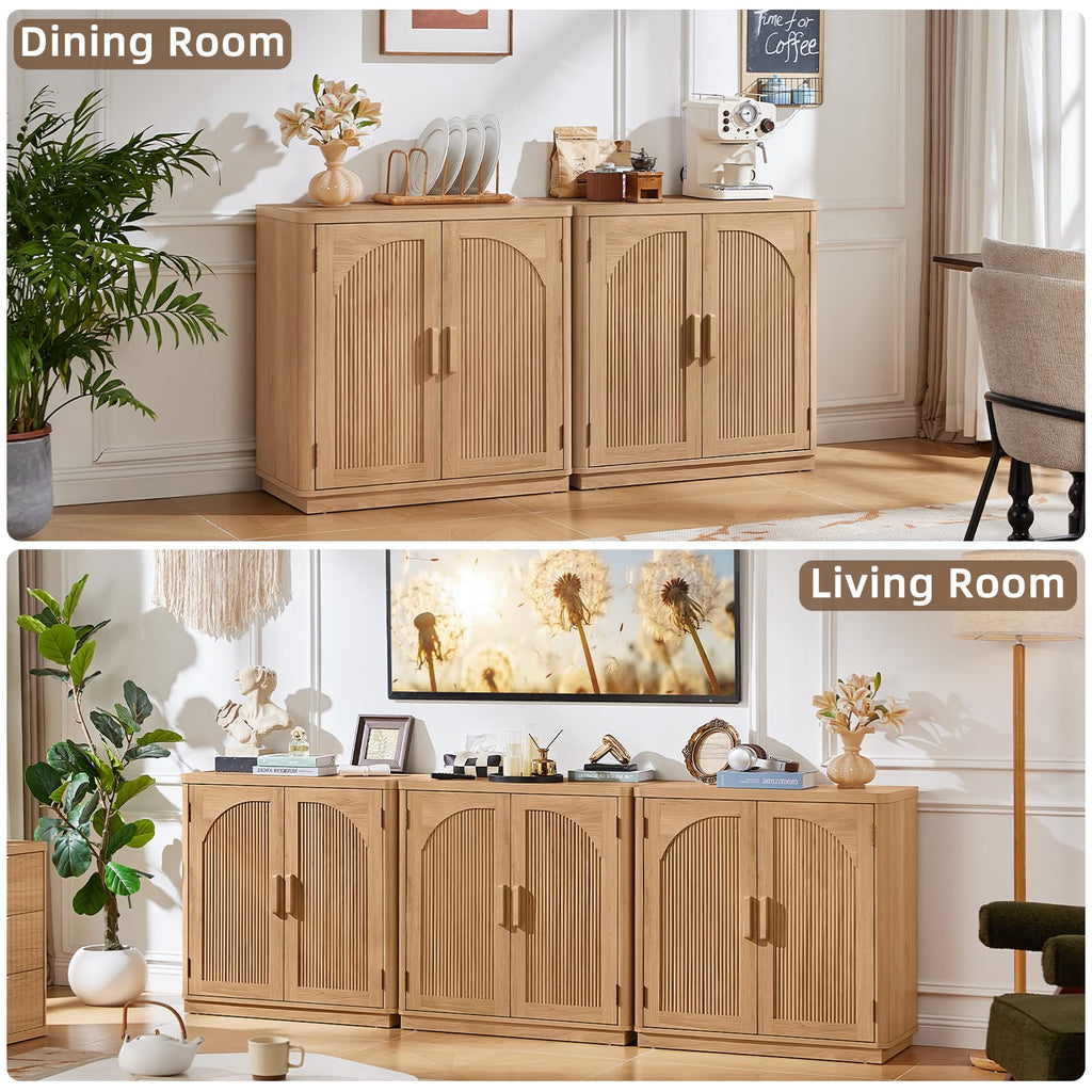 LEYAOYAO Fluted Buffet Cabinet with Storage, 31.5" Coffee Bar Cabinet with Arch Doors & Adjustable Shelves, Mid Century Modern Sideboard, Wood Credenza for Kitchen, Living Room, Natural