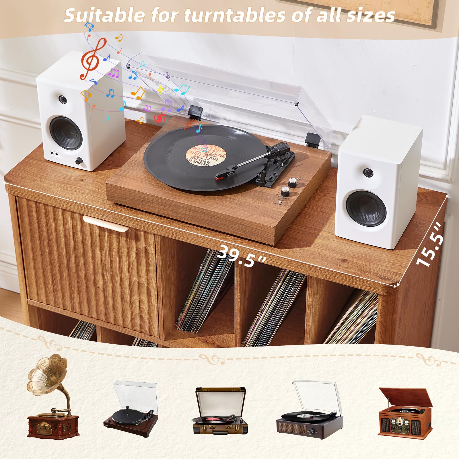 LEYAOYAO Large Record Player Stand with Vinyl Storage Up to 450 Albums, Wood Fluted Record Storage Accent Cabinet, Modern Stereo Media Cabinets, Wide Turntable Stand for Living Room, Antique White